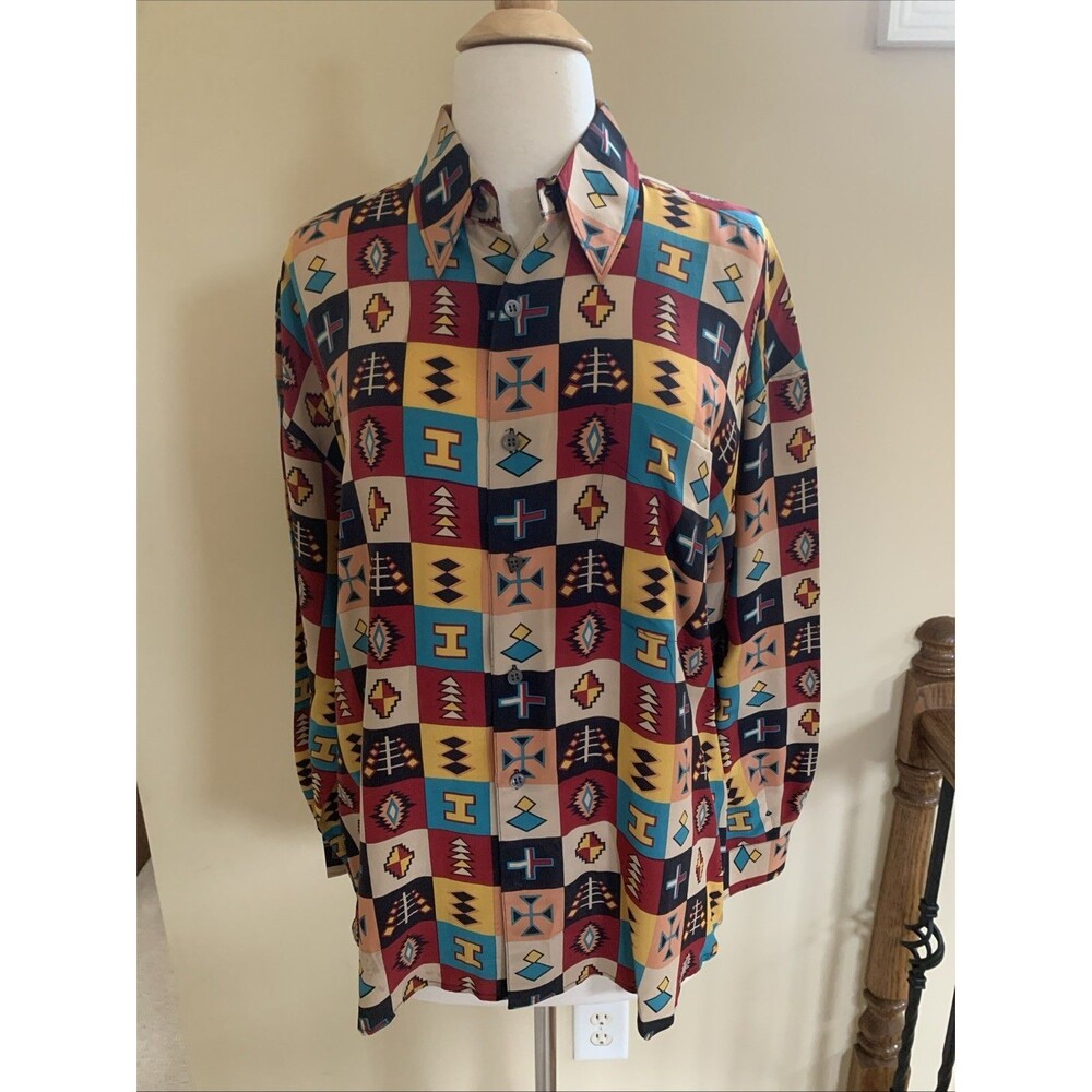 Timney Fowler Silk Shirt Southwestern Tribal Aztec Oversized Unisex Size S